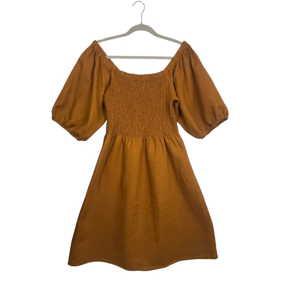 Rove XXL Women Voyage Mini Dress 100% Linen Ochre Puff Sleeve‎ Cottagecore Boho